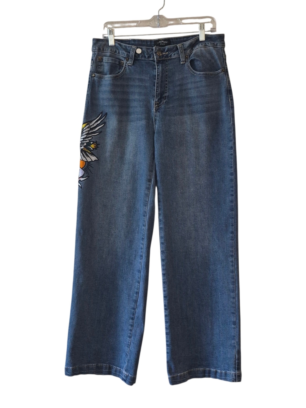 ​Ed Hardy Wide Leg Jeans Women Size 30 Blue Embroidered Tattoo Graphic Retro